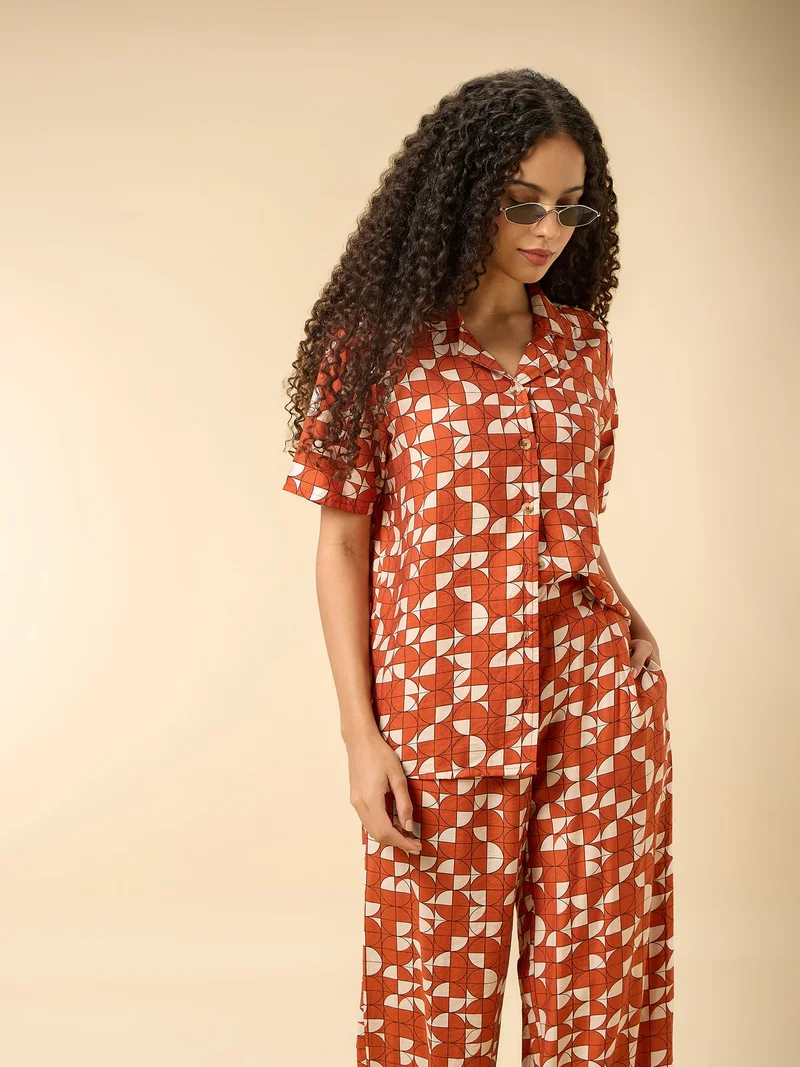 OUTZIDR Brown Rust Abstract Print Top And Pants Co Ord Set for Women | Best Price UAE
